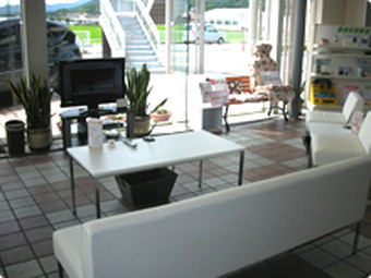 サービス待合は全面ガラス張りなので、屋外展示場が見渡せます。