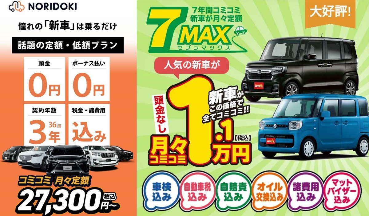 月々1.1万円(税込)で費用がコミコ三の定額リース『７MAX』、3年ごとに新車に乗換えるまったく新しいクルマの乗り方『NORIDOKIのカーリース』、購入時に車両本体価格の50%を後回しにして金利を大幅に節約。残りの支払いも自由に選択できる『ハーフMAX』など、お客様に合わせた最適なプランをご提案させていただきます！