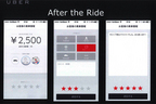 ハイヤー配車サービス「Uber」アプリ画面 （左から）請求金額情報、乗車コメント入力画面、乗車コメント表示画面