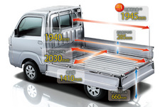 スバル「サンバートラック」／荷台イメージ：寸法あり（写真はTC AWD：MT車。スタイリッシュパック、カラーパックはメーカー装着オプション）