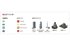 目印になる建物・コンビニ・GSなどはイラストアイコンで表示