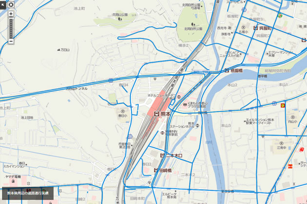 Honda「インターナビ」による道路通行実績情報／道路通行実績情報 Yahoo!地図（拡大例）