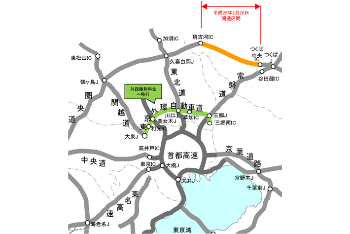 圏央道の開通区間と外環の対距離制料金導入区間