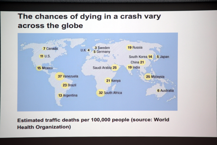 10万人あたりの交通事故死者数を国や地域をベースに世界地図に表したもの｜ボルボ セーフティセミナー｜ボルボ 先進安全技術の極意