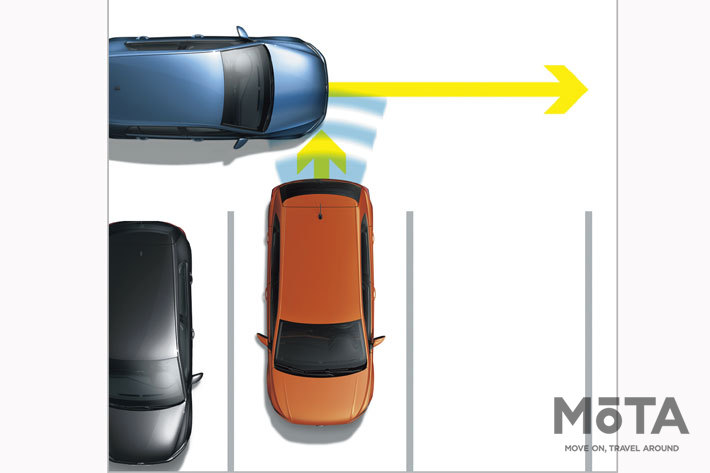 フォルクスワーゲン ポロ　リヤトラフィックアラート（後退時警告・衝突軽減ブレーキ機能）動作イメージ