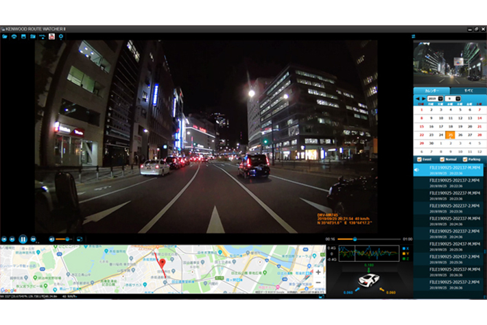 録画した画像はPCにて確認が可能。GPS機能により地図と連動して表示ができる