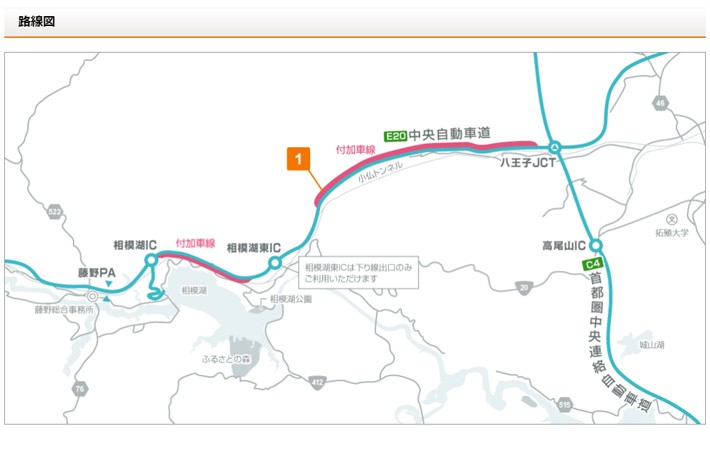 E20 中央自動車道（八王子JCT－相模湖IC（付加車線上り））の進捗状況