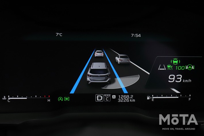 アイサイトXを装着すればフル液晶メーターが備わる。高速道路を走行する際はメーター内にリアルタイムで周囲のクルマを表示し、車線変更が可能か否かをわかりやすく表示してくれる。これにより死角で見えない後続車を見逃さないのだ