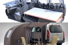 「シトロエン 新型BERLINGO（ベルランゴ）」純正・車中泊仕様『agre（アグレ）ベッドキット』／『「カーサイドタープ」（自立型タープ：エアフレーム・リビングシェルター）』（正規ディーラーオプション）