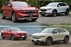 （上）ホンダ 新型ヴェゼル ホンダ純正アクセサリー装着車[ホンダアクセス]／（下）ホンダ 新型ヴェゼル （左）「G」（1.5リッター・4WD／ボディカラー：プレミアムクリスタルレッド）／（右）「e:HEV PLaY」（ハイブリッド・FF／ボディカラー：サンドカーキパール＆ブラック 2トーン）[2021年4月23日発売]