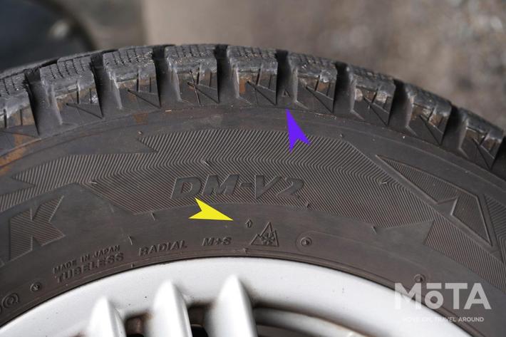 紫の矢印がスリップサインがある場所を、黄色の矢印がプラットフォームマークがある場所を示している。スタッドレスタイヤを使用している方は、一度確認して見て欲しい。