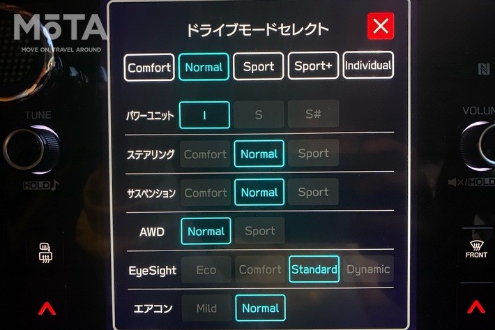 シーンに合わせて5つのモード(Comfort/Normal/Sport/Sport+/Individual)から走りの特性を選べる