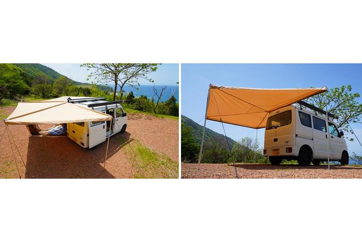 扇形にタープが広がる「バットウィングオーニング」、動画クリエイター  