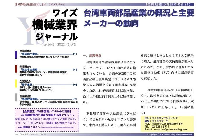 【台湾情報】台湾に新たなドローン・航空宇宙産業園区　年間生産額150億円超へ＜ワイズ機械業界ジャーナル2022年9月第2週号発行＞