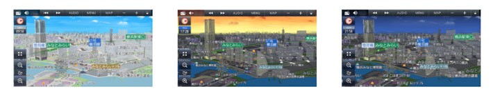 (左)昼モード、(中央)夕方モード、(右)夜モード