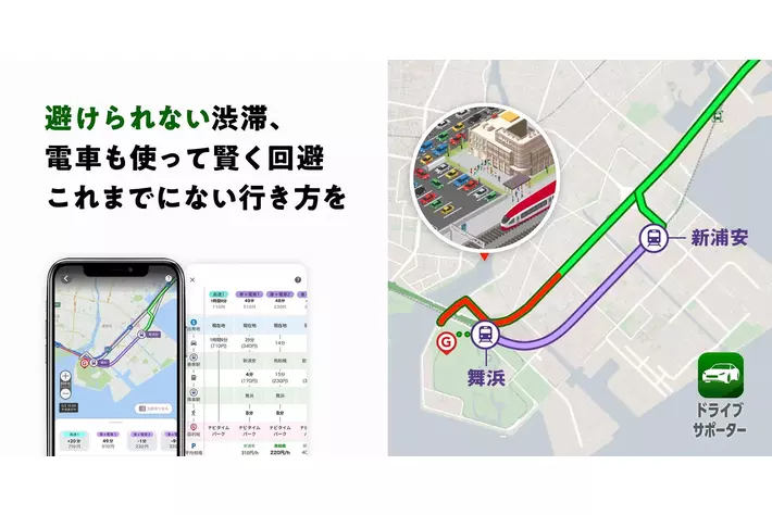 『NAVITIMEドライブサポーター』電車に乗り換えて、目的地周辺の渋滞を回避する「パークアンドライドルート」機能を提供開始