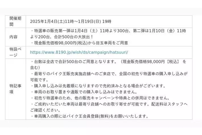 バイクを買うなら「バイク王の初売り2025」で！「初売り特選車争奪戦