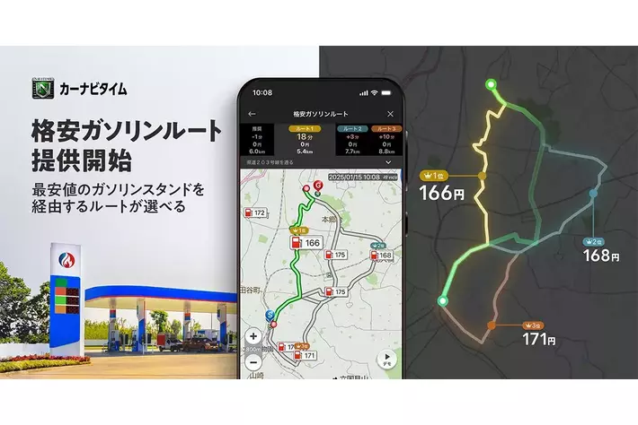 『カーナビタイム』「格安ガソリンルート」検索機能を提供開始