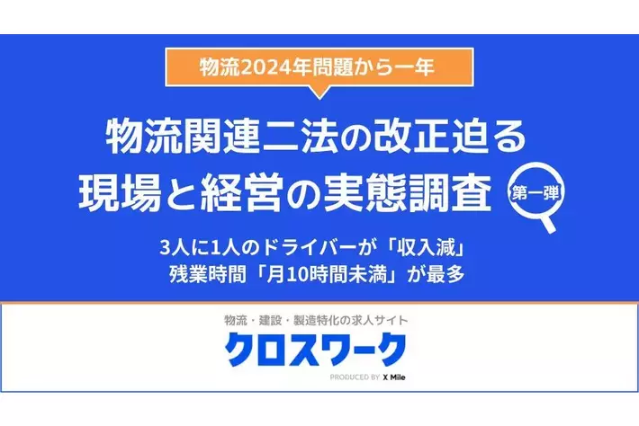【物流2024年問題から1年、現場と経営の実態調査＜第一弾＞】「物流関連二法」の施行目前、業界が直面する変化と課題とは？3人に1人のドライバーが「収入減」、残業時間「月10時間未満」が最多