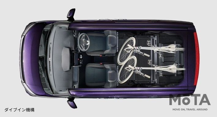 ルーミーには、2列目シートを前方に倒して格納することで荷室を広く使える「ダイブイン機構」が備わっています