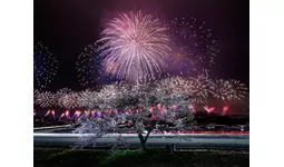 桜の季節のサーキットを、奇跡の大輪・2尺玉花火が彩る「富士山花火vs