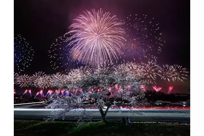 桜の季節のサーキットを、奇跡の大輪・2尺玉花火が彩る「富士山花火vs