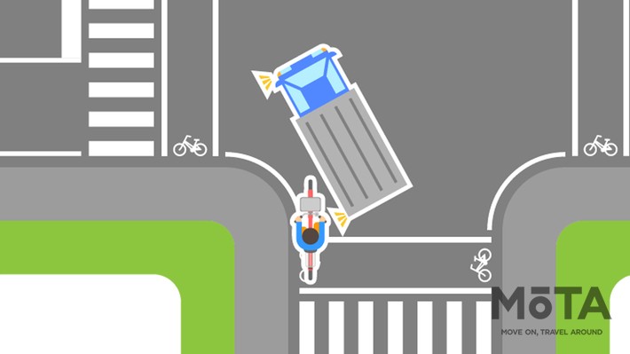 自転車が左折するトラックに巻き込まれる