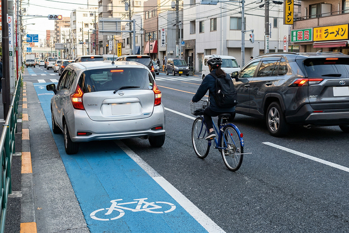 青いレーンに駐車したら違反？ 「自転車レーンに駐車すべきではない 