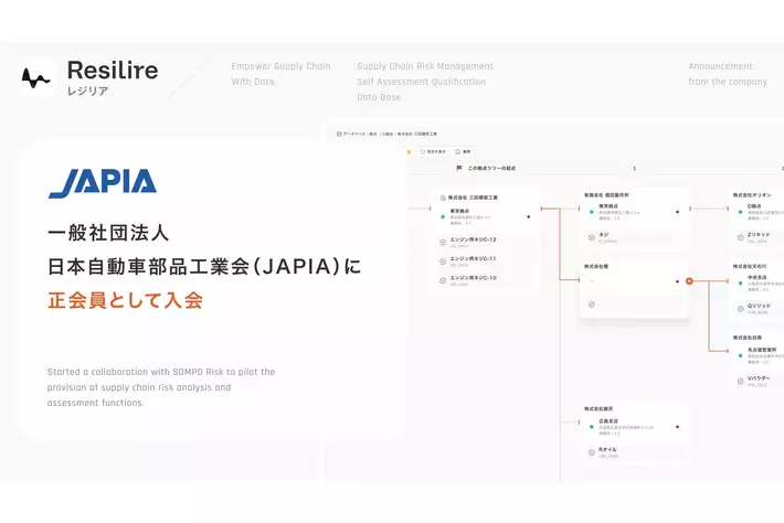 サプライチェーンリスク管理サービスを提供する株式会社Resilire、一般社団法人日本自動車部品工業会（JAPIA）に正会員として入会