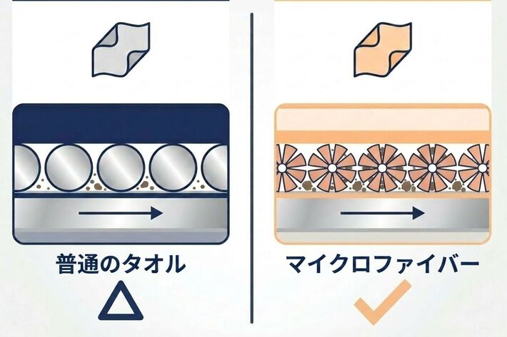 マイクロファイバーは普通のタオルと比べて断面の形が違う。そのため仕上がりが変わる