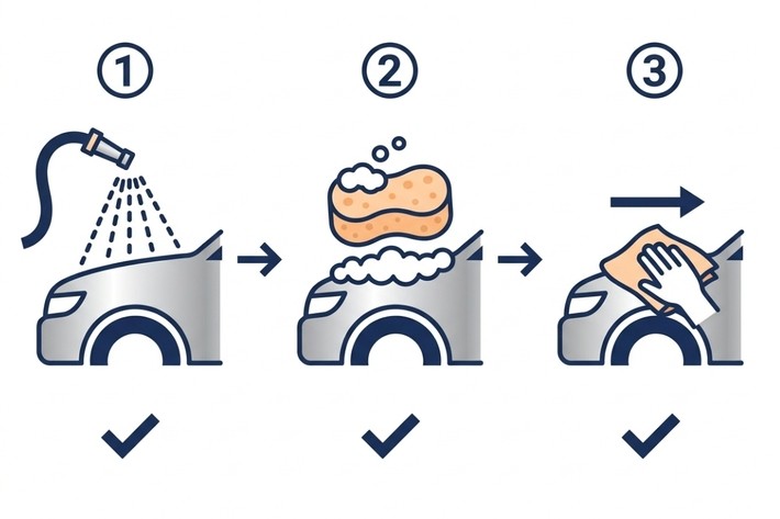 「STEP1 予洗い（水で流す）」→「STEP2 シャンプー洗車（泡で包む）」→「STEP3 拭き上げ（マイクロファイバー）」この順番を守るだけで、黄砂による傷リスクは大幅に下がる