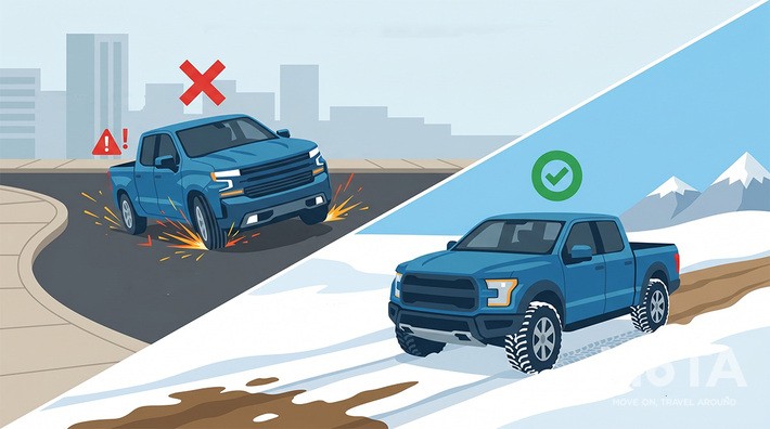 トヨタ タンドラの4WDは乾燥した舗装路では使用せず、滑りやすい悪路や雪道で使用するようにしましょう