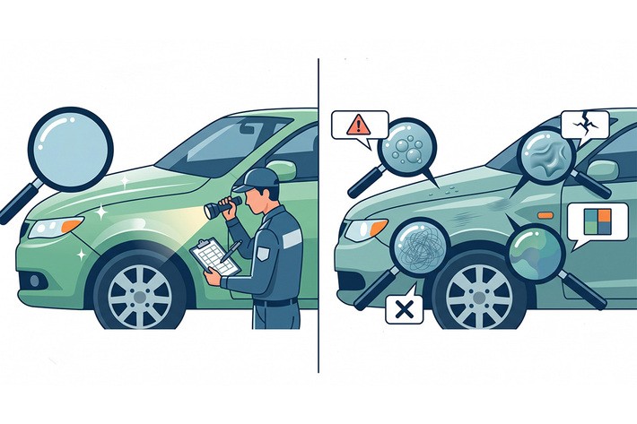 左は国産車の塗装イメージ、右は海外製の塗装イメージ。塗装面の膨らみや磨きキズ、色ムラなどがある可能性も