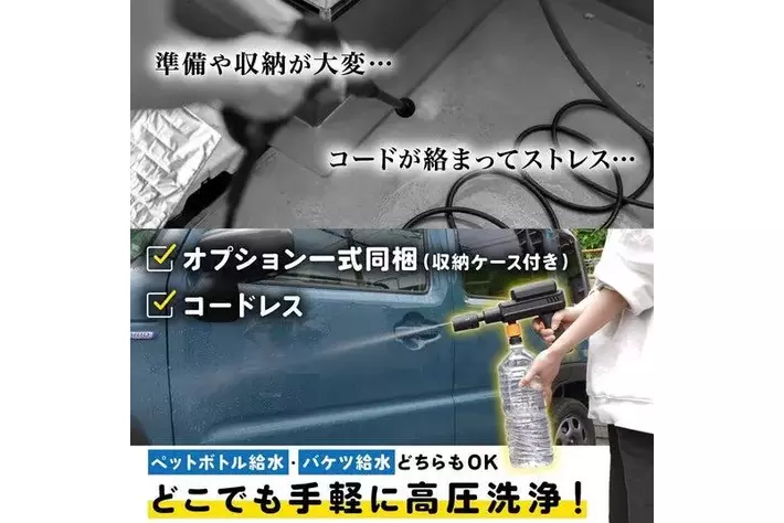 ペットボトルが洗浄機に 折りたためるコンパクトサイズで機動力抜群の