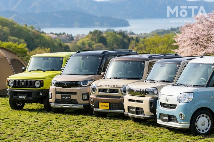 (左から)スズキ ジムニー、三菱 デリカミニ、スズキ ハスラー、ダイハツ タフト、ダイハツ ムーヴキャンバス