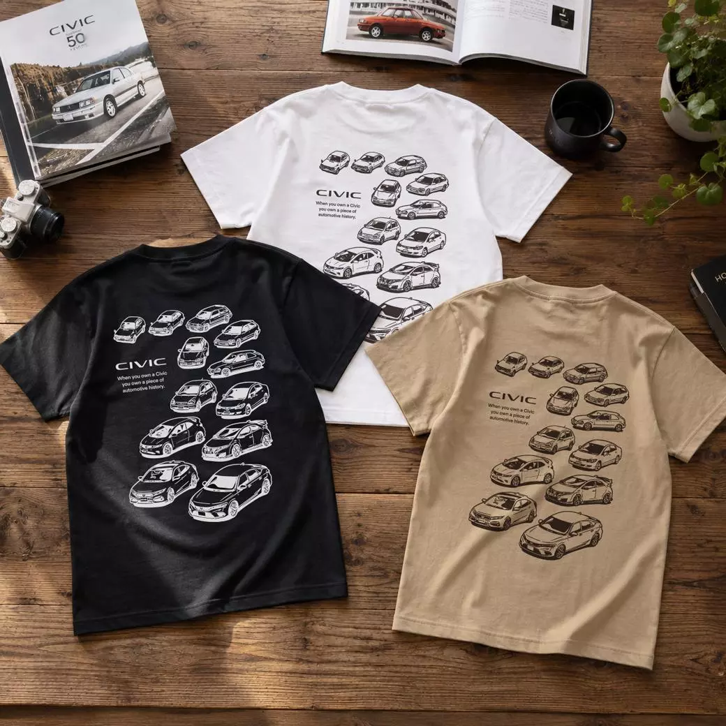 Honda シビックの歴代モデルが大集合のデザイン！Tシャツに新色が登場