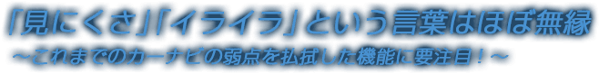 「見にくさ」「イライラ」という言葉はほぼ無縁～これまでのカーナビの弱点を払拭した機能に要注目！～