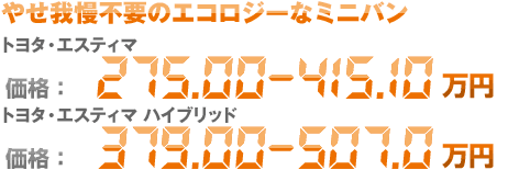 やせ我慢不要のエコロジーなミニバン
トヨタ・エスティマ
価格：275.00〜415.10万円
トヨタ・エスティマ ハイブリッド
価格：379.00〜507.0万円