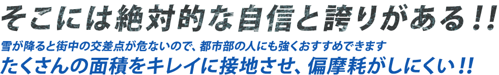 そこには絶対的な自信と誇りがある！！　雪が降ると街中の交差点が危ないので、都市部の人にも強くおすすめできます　たくさんの面積をキレイに接地させ、偏摩耗がしにくい！！