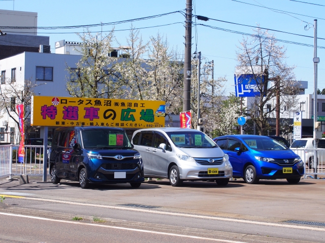 本社・整備工場の向かい側に中古車センターがございます。日常生活に使いやすい軽自動車やコンパクトカーを中心に、ファミリーでのお出かけに便利なSUV・ミニバン・1BOXなども取り扱いしております。