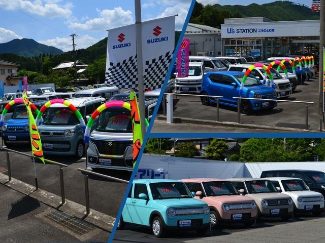 ５０台収容できる展示場には、軽トラックからＳＵＶ、１ＢＯＸミニバンまでスズキ車を中心に展示しています
